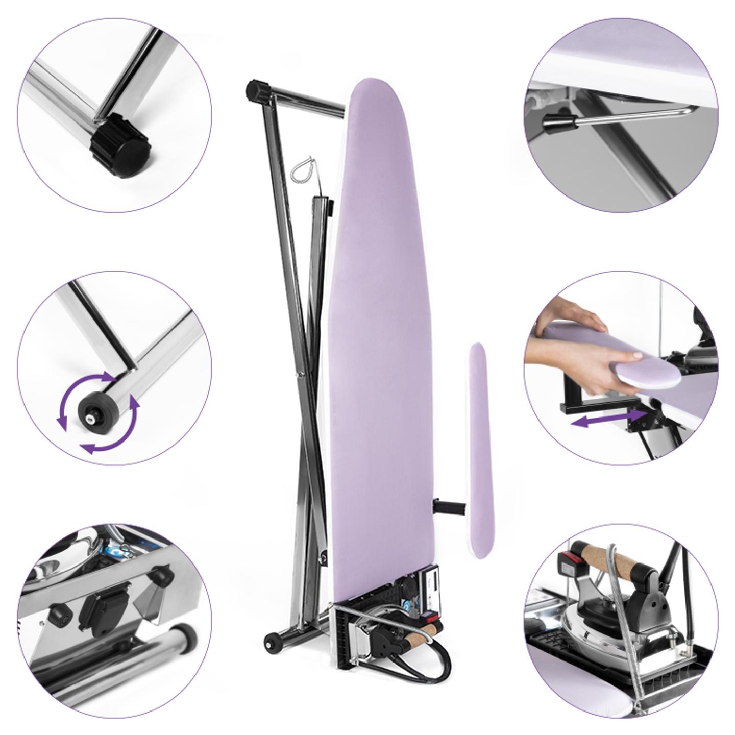 Stół prasowalniczy z automatyczną, zintegrowaną wytwornicą pary, żelazkiem i inteligentnym programowaniem czasu pracy turbiny