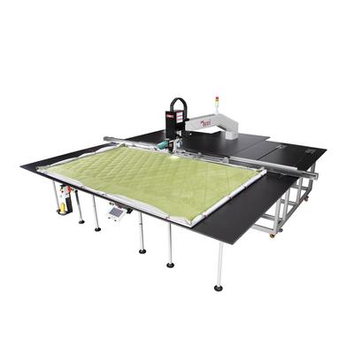 Programmable sewing machine with liftable rotary sewing head and independent drives with extra large sewing field