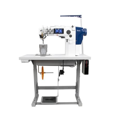 Automatic two-needle post-bed machine for sewing thick fabrics with backstitching, unison feed and deco seam - complete set