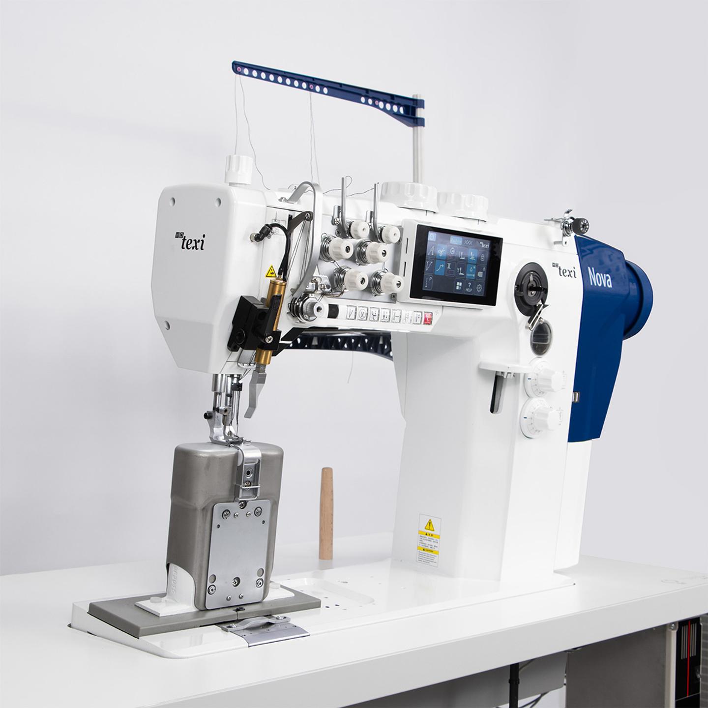 Automatic two-needle post-bed machine for sewing thick fabrics with backstitching, unison feed and deco seam - complete set