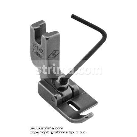 Needle feed foot with adjustable runner angle for binders and hemmers