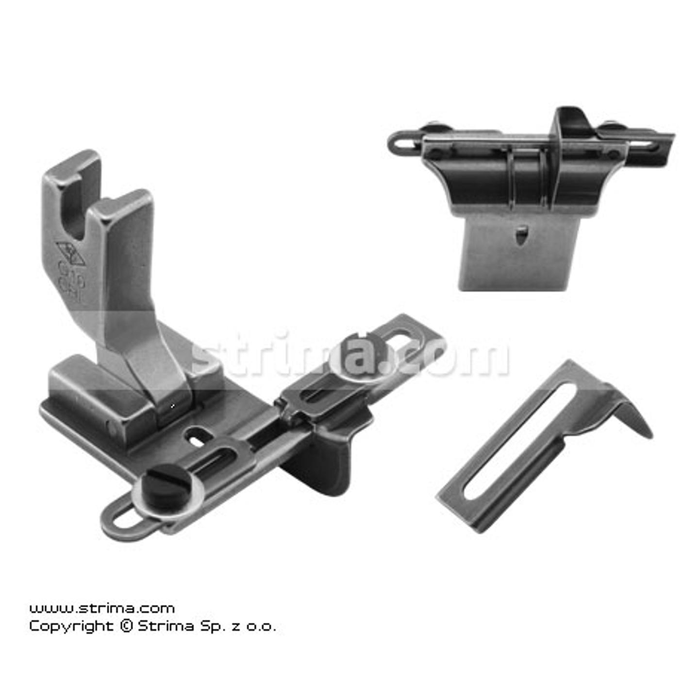 Foot for lockstitch machine with tape guide and left and right gauges