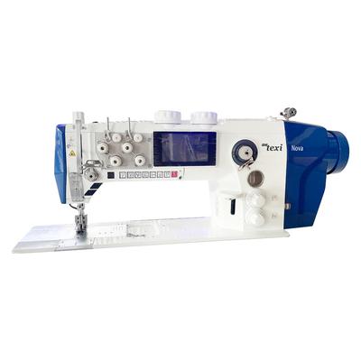 Automatic two-needle lockstitch machine for sewing heavy materials with unison feed and built-in motor - head only