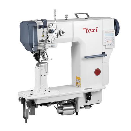 Post-bed lockstitch machine with bottom, needle and upper roller feed - head only