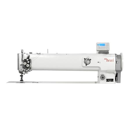 Automatic twin needle long arm heavy duty lockstitch sewing machine with unison feed - head only
