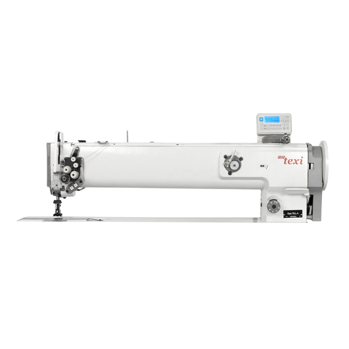 Automatic twin needle long arm heavy duty lockstitch sewing machine with unison feed - head only